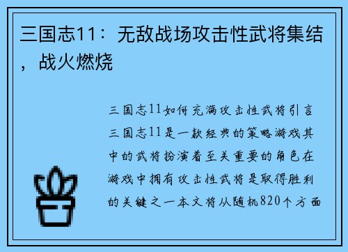 三国志11：无敌战场攻击性武将集结，战火燃烧