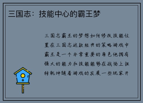 三国志：技能中心的霸王梦